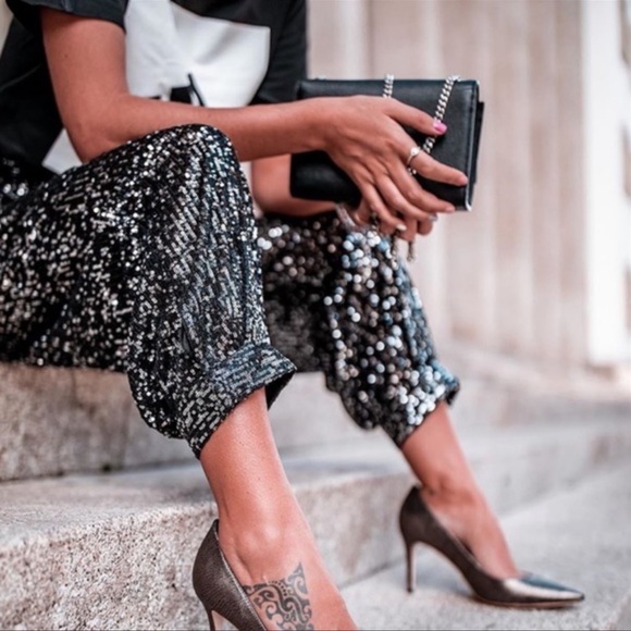 Zara 🔥🔥🔥Black Sequin Pants - Sz Large - NWT - Picture 7 of 9